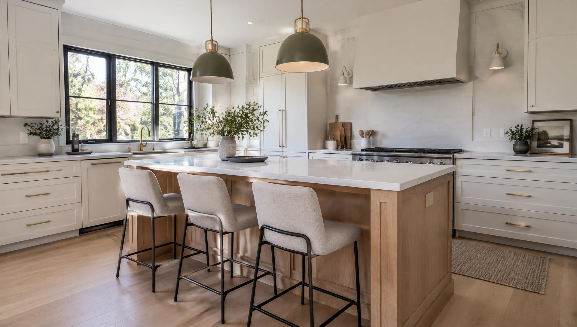 Renovated kitchen with white shaker cabinets, oak island and quartz countertops
